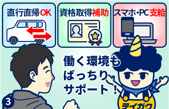 3コマ目 働く環境もばっちりサポート 直行直帰OK、資格取得補助、スマホ・PC支給